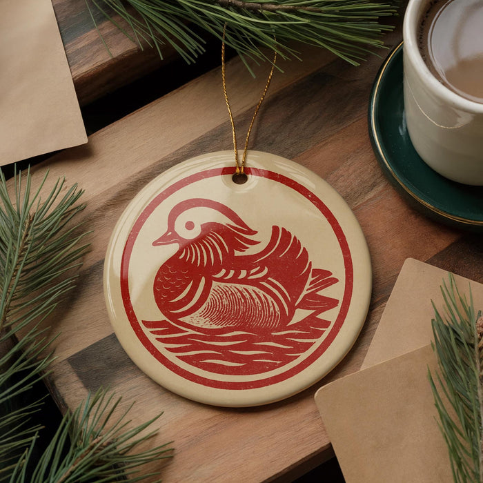 A round ornament featuring a red bird, possibly a duck, is displayed on a wooden surface alongside a cup of coffee and some papers.
