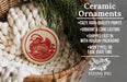 Ceramic ornaments, featuring a ceramic ornament with a red bird design, are displayed in a wicker basket.