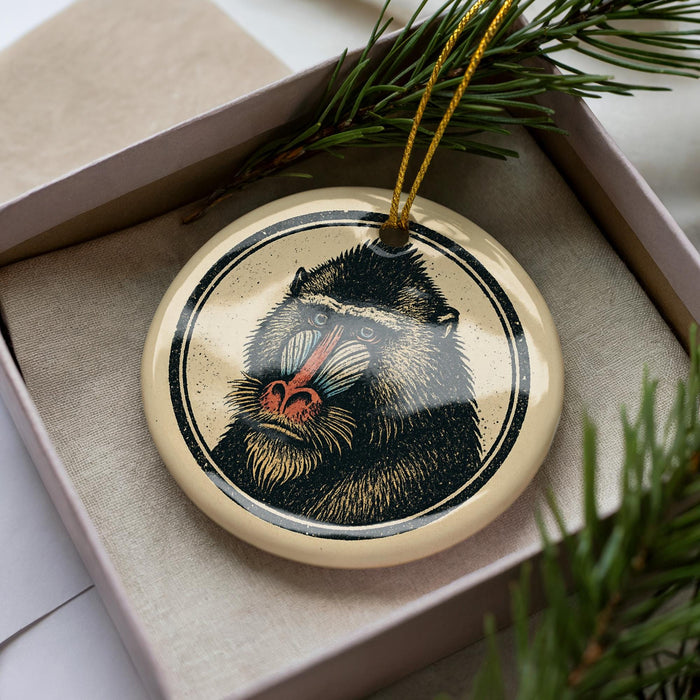 A decorative ornament featuring a close-up image of a monkey's face, with a beige background and a black border.