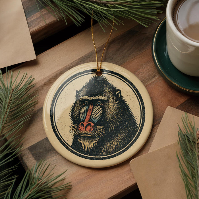 A round ornament featuring a detailed illustration of a monkey's face is displayed on a wooden surface, surrounded by pine branches and a cup of coffee.