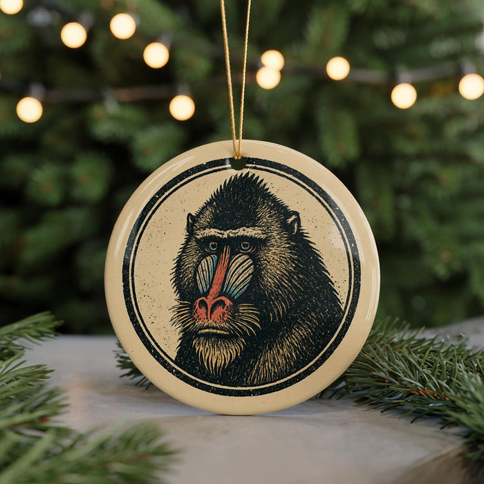 A circular ornament featuring a close-up of a mandrill's face, with a blurred background of a Christmas tree and twinkling lights.
