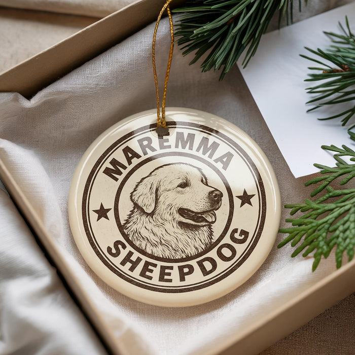 A circular ornament with the text "MAREMMA SHEEPDOG" and a graphic of a dog's head is displayed in a box, surrounded by pine branches.