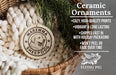 a ceramic ornament hanging from a wicker basket, with a text overlay providing information about the ornament.
