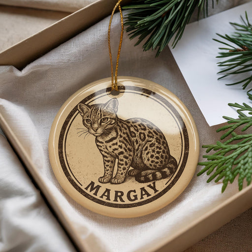 A round ornament with a cat illustration and the name "MARGAY" printed on it, placed in a box with pine branches.