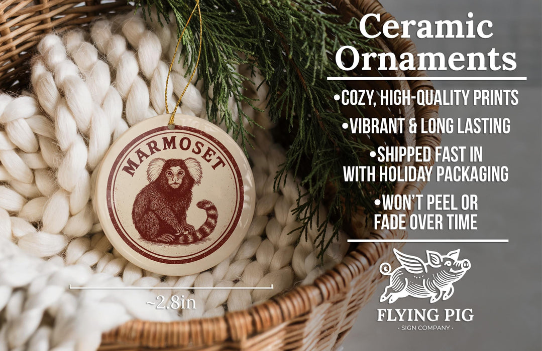 Ceramic ornaments, specifically a Marmoset ornament, are displayed in a wicker basket. The image also includes text describing the ornaments, such as their coziness, high-quality prints, vibrant and long-lasting, fast shipping, and the fact that they won't peel or fade over time.