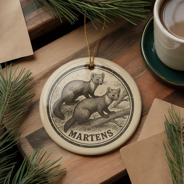 A circular ornament featuring a woodchuck illustration is displayed on a wooden surface, accompanied by a cup of coffee and pine branches.