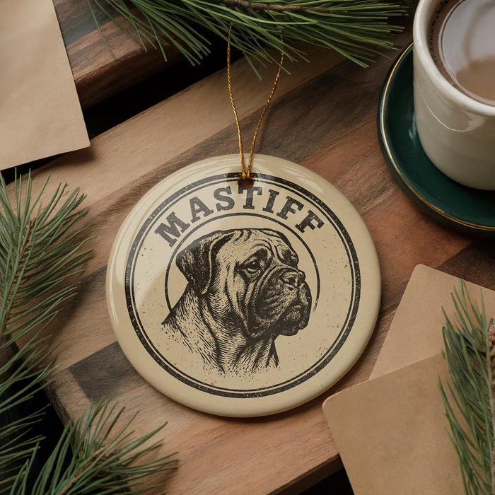A circular ornament with the name "Mastiff" printed on it, featuring a black and white illustration of a dog's head. The ornament is hanging from a string, and there is a cup of coffee and some pine branches in the background.