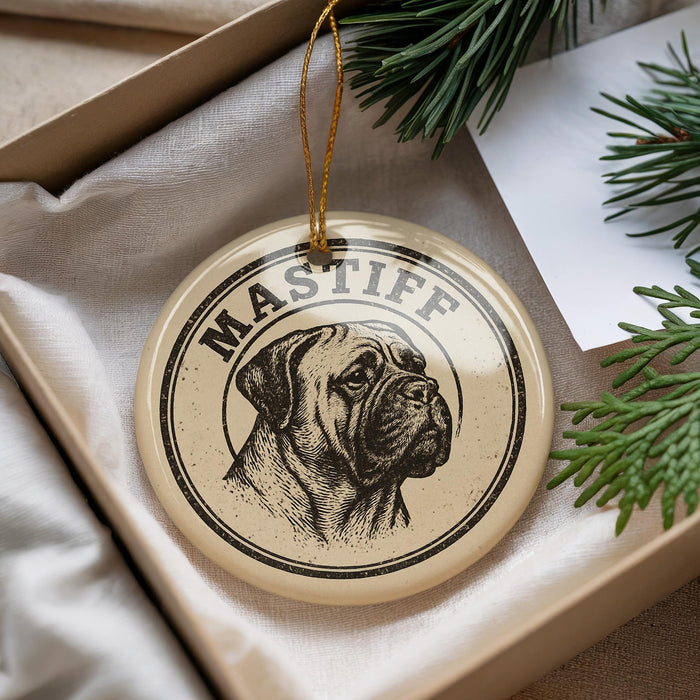 A round ornament with a dog's head and the word "Mastiff" printed on it, hanging from a string.