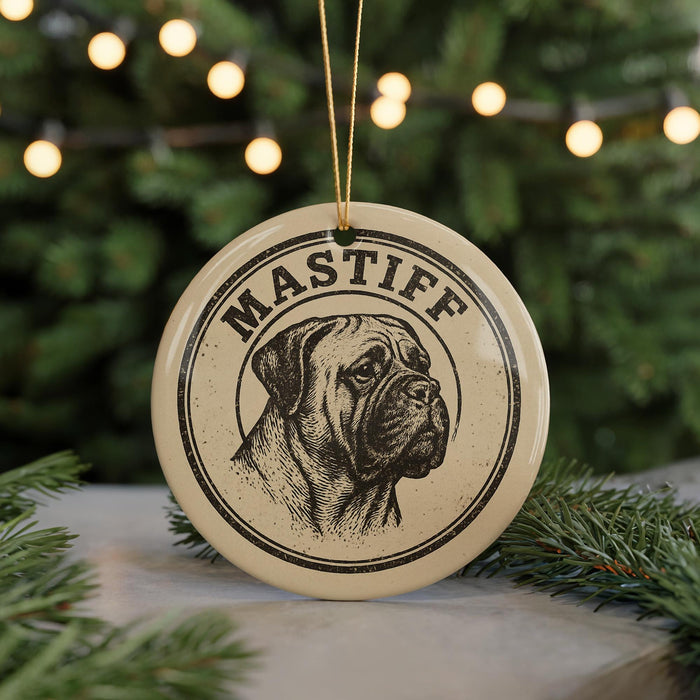 A circular ornament featuring a dog's head, with the text "MASTIFF" written around the edge.
