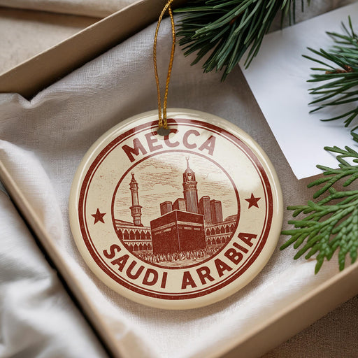 A circular ornament with the text "MCCA SAUDI ARABIA" printed on it, surrounded by a decorative border.