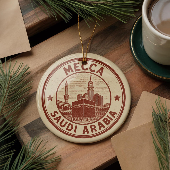 A circular ornament with the text "MCCA SAUDI ARABIA" and an illustration of Mecca and the Kaaba, which is a significant religious site in Saudi Arabia. The ornament is hanging from a string, and there is a cup of coffee and some pine branches in the background.