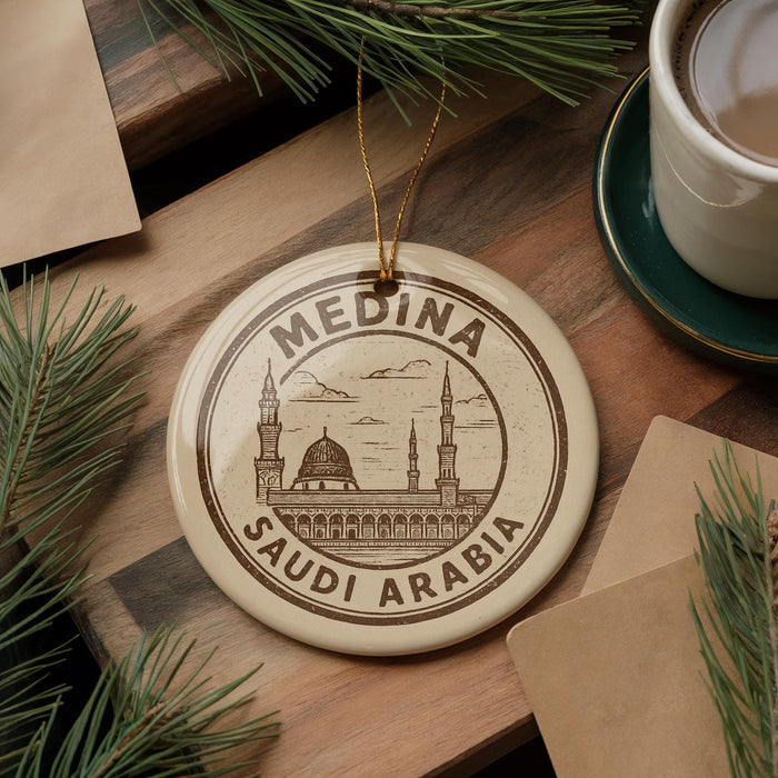 A circular ornament with the text "MEDINA SAUDI ARABIA" printed on it, surrounded by pine branches and a cup of coffee on a wooden surface.
