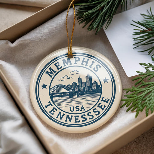 A decorative ornament with the text "Memphis, Tennessee, USA" printed on it, hanging from a string.