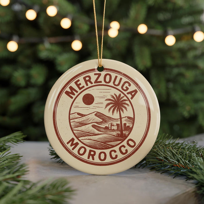 A circular ornament with the text "MERZOUGIA MOROCCO" printed on it, surrounded by a palm tree and mountains, is hanging from a string in front of a Christmas tree with lights.
