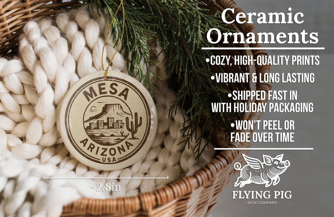 a ceramic ornament hanging from a wicker basket, with a text overlay providing information about the ornament.