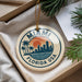 A round ornament with a graphic design featuring a city skyline and palm trees, with the text "MIAMI FLORIDA USA" printed on it.