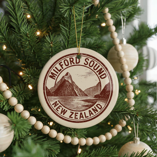A Christmas tree decorated with ornaments, including a circular ornament with the text "MILFORD SOUND NEW ZEALAND" and a mountain illustration.