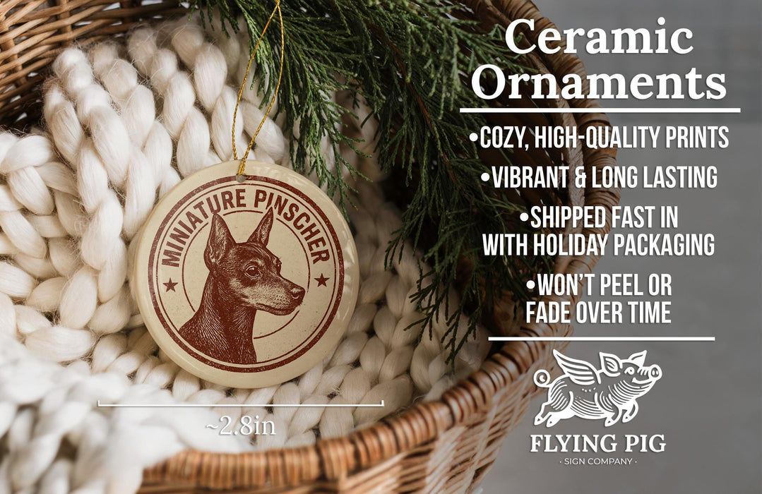 a ceramic ornament hanging from a wicker basket, with a text overlay providing information about the ornament.