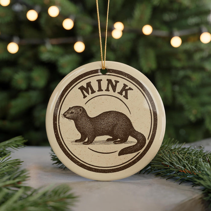 A round ornament with the word "MINK" printed on it, featuring a drawing of a mink.