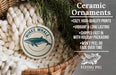 Ceramic ornaments, specifically Minke whale ornaments, are displayed in a woven basket. The text highlights the ornaments as "cozy, high-quality prints" and "vibrant & long lasting", with a description of their shipping speed and packaging. The image also includes a logo for "Flying Pig - SIGN COMPANY".