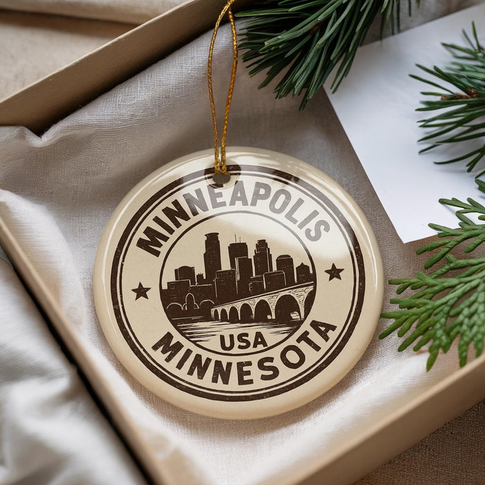 A circular ornament with the text "MINNEAPOLIS USA MINNESOTA" printed on it, hanging from a string.