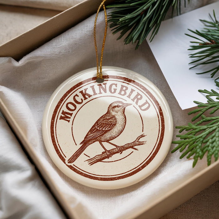 A round ornament with the text "MOCKINGBIRD" and an illustration of a bird perched on a branch, placed in a box with pine branches.