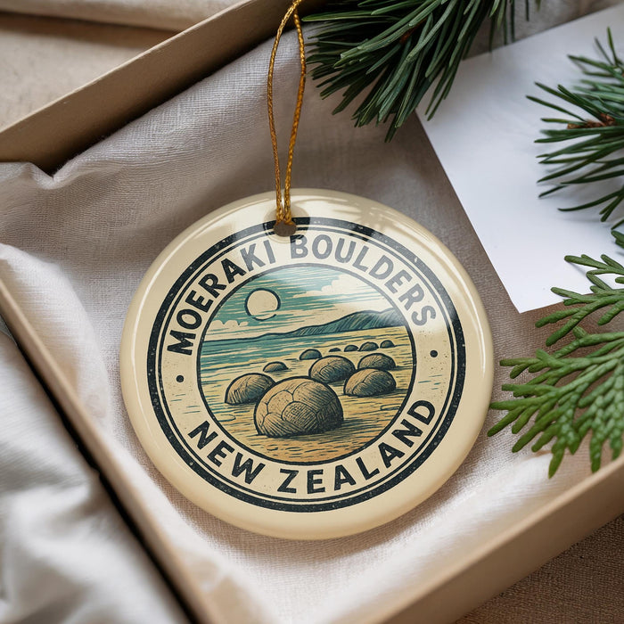 A circular ornament with the text "MOERAKI BOWLERS NEW ZEALAND" printed on it, surrounded by a border and a design depicting rocks and a landscape.