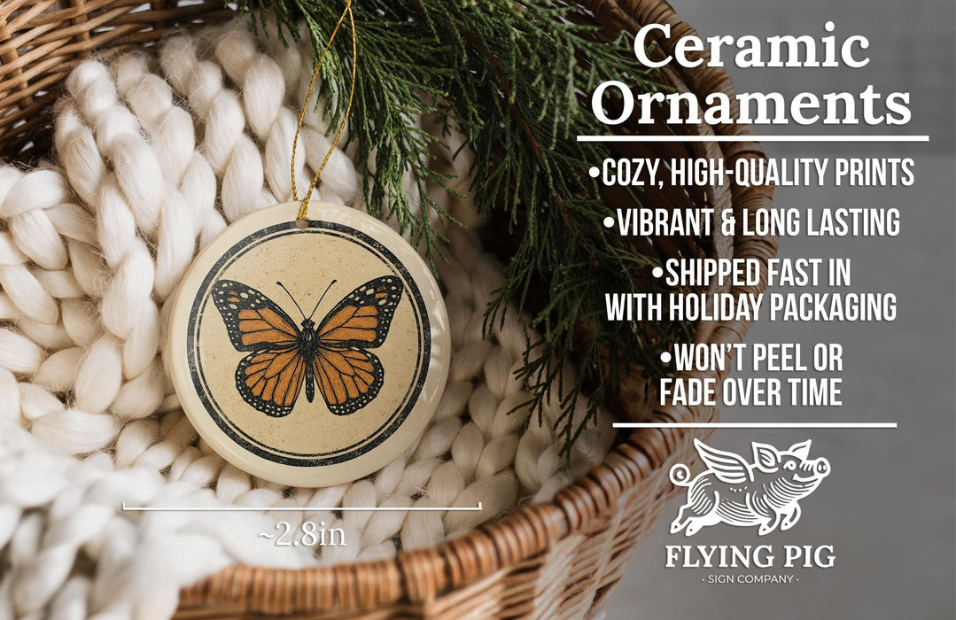 Ceramic ornaments, featuring a butterfly design, are displayed in a woven basket.