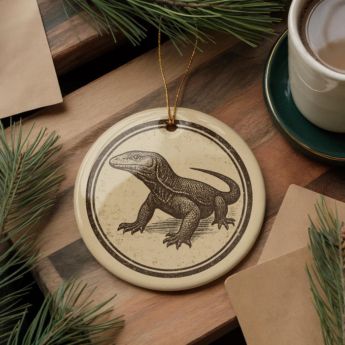a round ornament with a lizard design, placed on a wooden surface next to a cup of coffee and some pine branches.