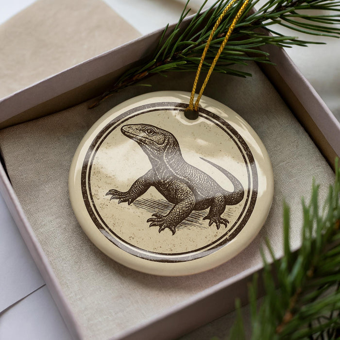 A ceramic ornament in the shape of a lizard, with a brown and beige color scheme, is displayed in a box with pine branches.