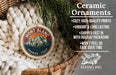 a ceramic ornament hanging from a wicker basket, with a text overlay providing information about the ornament.