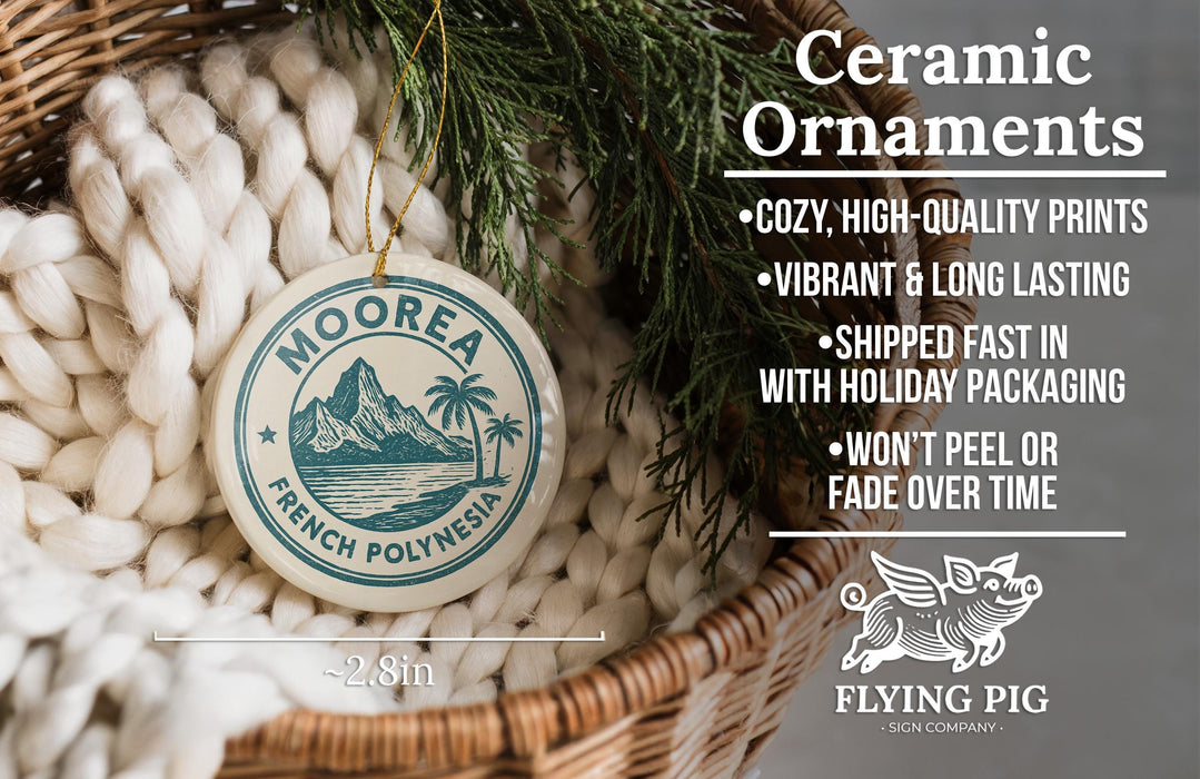 a ceramic ornament hanging from a wicker basket, with a text overlay providing information about the ornament.