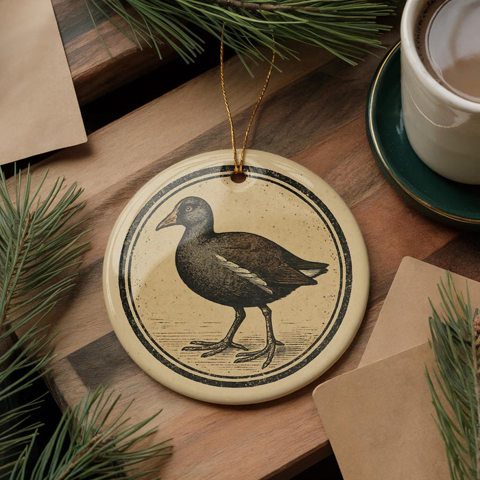 a round ornament with a bird illustration on it, placed on a wooden surface next to a cup of coffee and some pine branches.