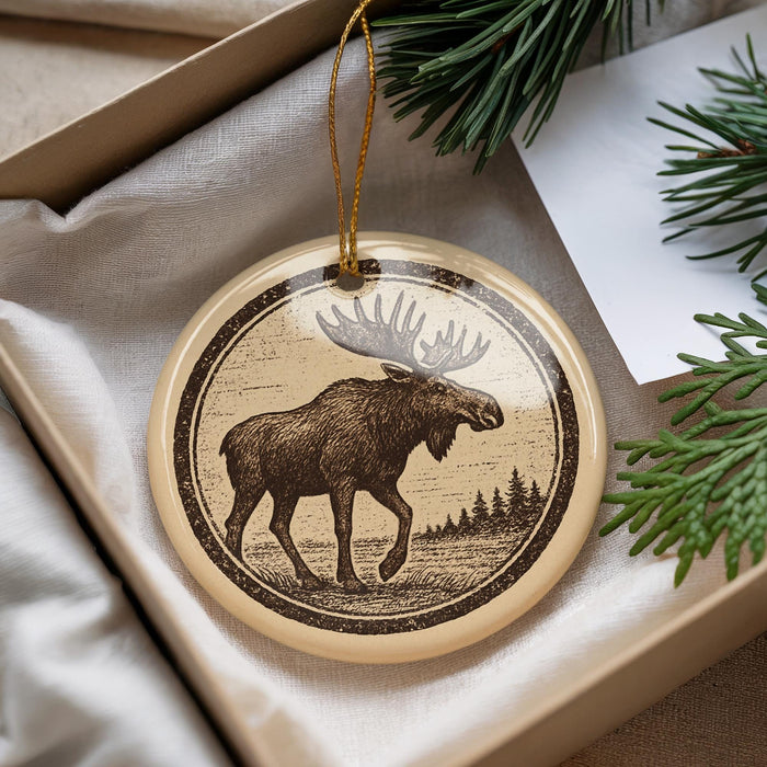 A circular ornament featuring a moose silhouette is displayed in a box, surrounded by pine branches.