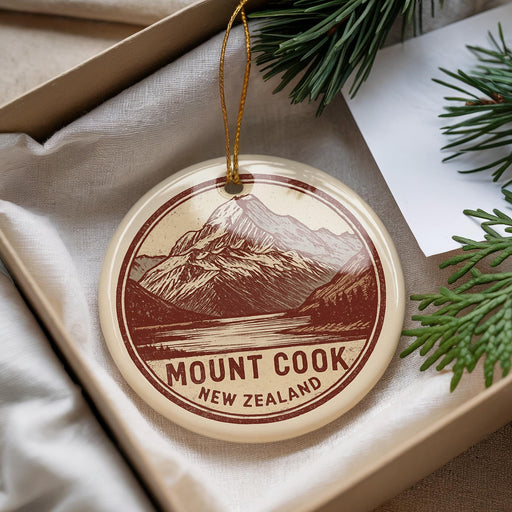 A round ornament with a mountain landscape and the text "Mount Cook New Zealand" is displayed in a box with pine branches.