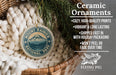 a ceramic ornament with a mountain landscape design, hanging from a wicker basket. The ornament is described as a "Ceramic Ornaments" and is made of "Cozy, High-quality Prints" and "Vibrant & Long Lasting". It is also noted that the ornament is "Shipped Fast in with Holiday Packaging" and " Won't Peel or Fade Over Time". The image is a part of a larger collection of images, and the caption is a brief description of the image without any redun