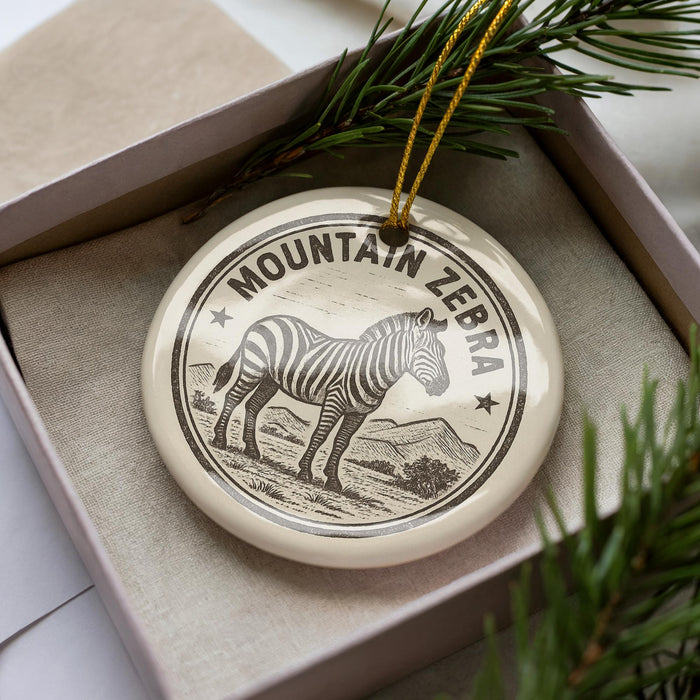 A decorative ornament featuring a zebra standing on a mountain, with the text "MOUNTAIN ZEBRA" around the image.