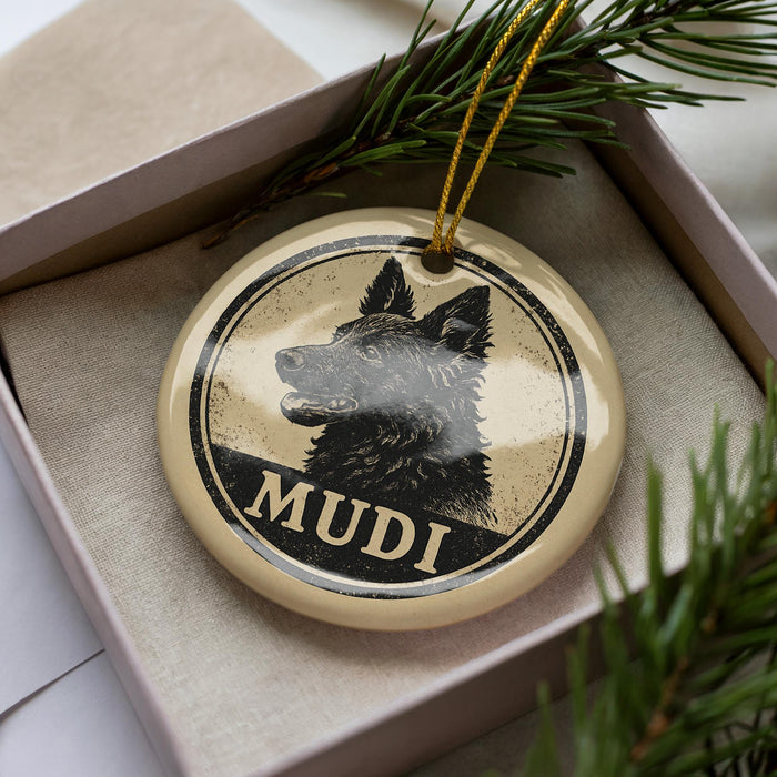 A circular ornament with a black and white image of a dog's head and the word "MUDI" written below it, hanging from a string.