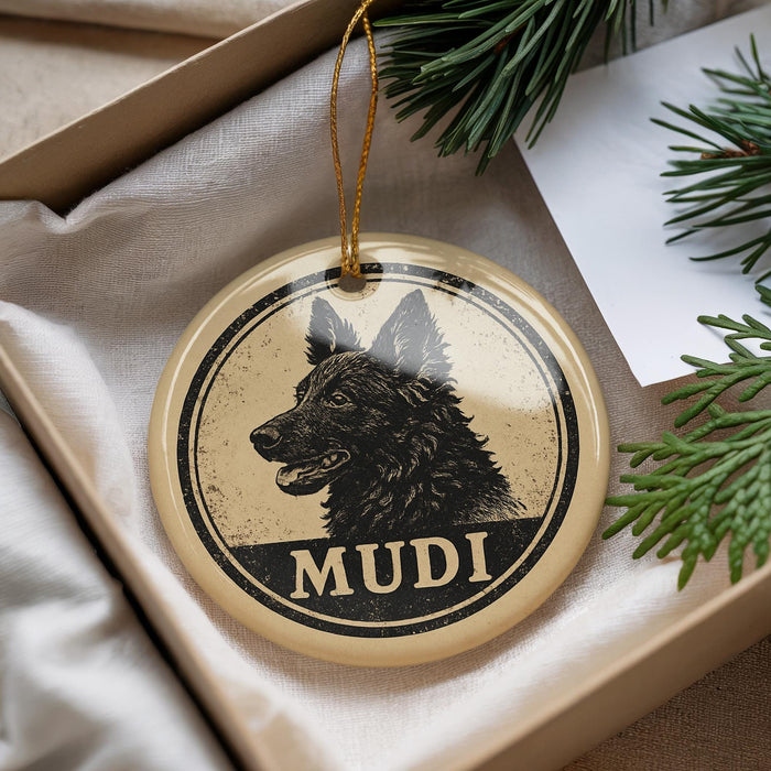 A circular ornament with a dog's head and the word "MUDI" printed on it, hanging from a string.