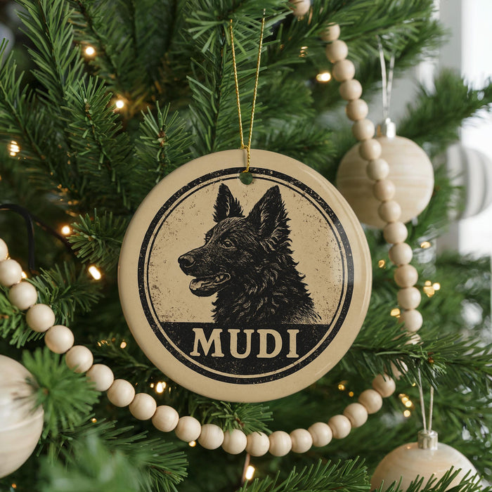 A Christmas tree decorated with ornaments, including a circular ornament with a dog's head and the word "MUDI" written on it.