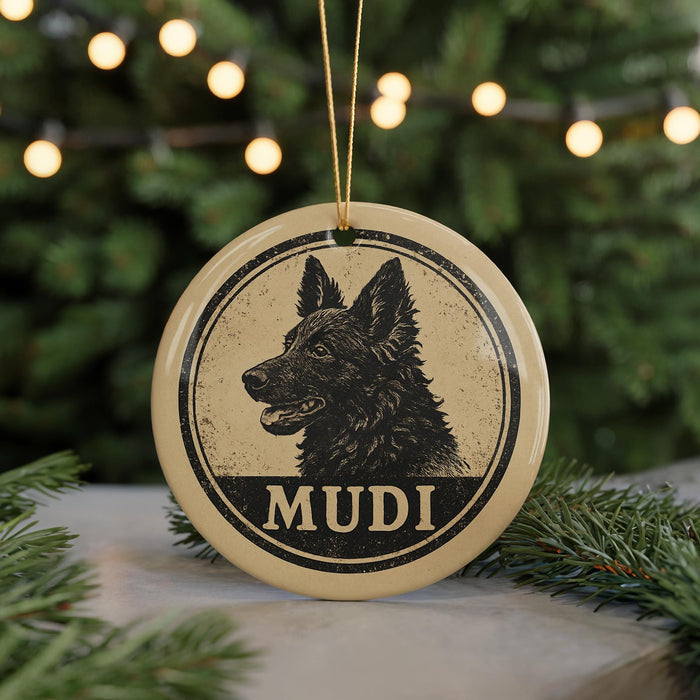 A circular ornament with a black and white illustration of a dog's head and the word "MUDI" written below it, hanging from a string.