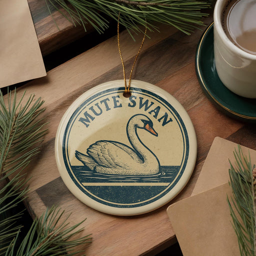A decorative ornament featuring a swan, with the text "MUTE SWAN" printed on it, is displayed on a wooden surface alongside a cup of coffee and some pine branches.