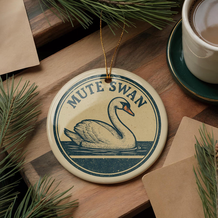 A decorative ornament featuring a swan, with the text "MUTE SWAN" printed on it, is displayed on a wooden surface alongside a cup of coffee and some pine branches.