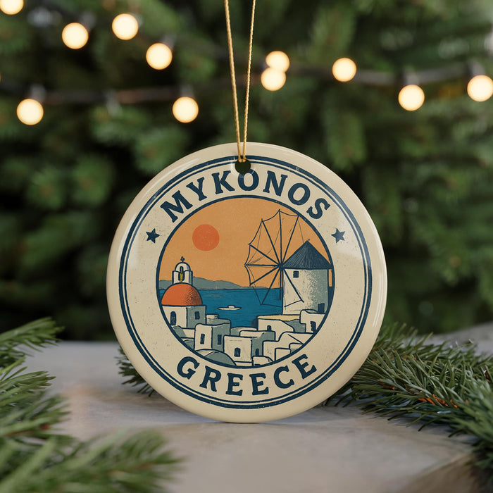 A circular ornament with the text "MYKONOS GREECE" and an illustration of a windmill and a cityscape, hanging from a string.