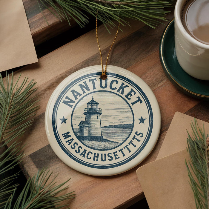 A decorative ornament with the text "NANTUCKET MASSACHUSETTS" and a lighthouse illustration, placed on a wooden surface alongside a cup of coffee and pine branches.