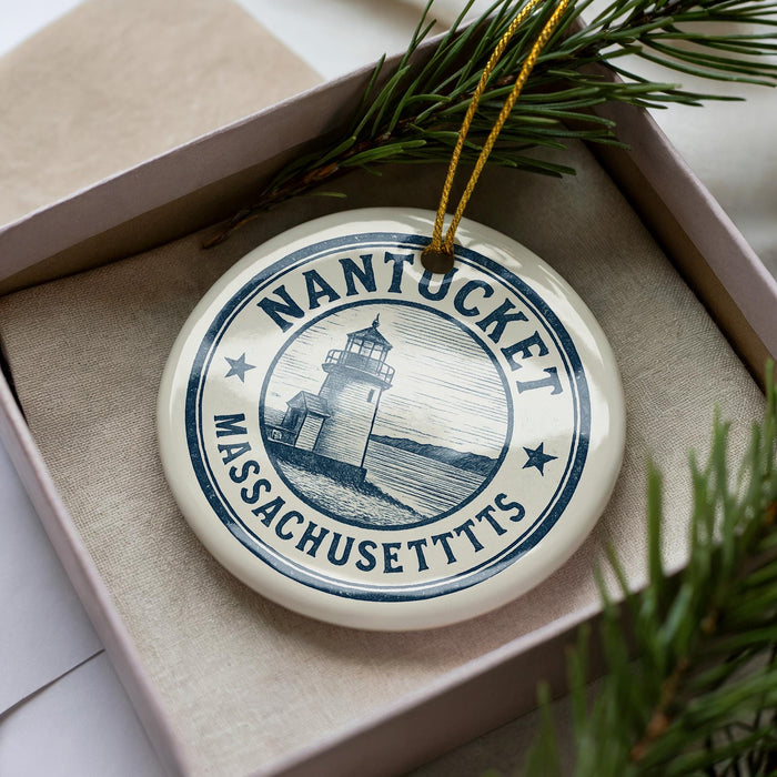 A circular ornament with the text "NANTUCKET MASSACHUSETTS" and a lighthouse illustration, placed in a box with pine branches.