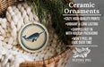 Ceramic ornaments, featuring a ceramic ornament with a blue and white design depicting a narwhal, are displayed in a wicker basket.