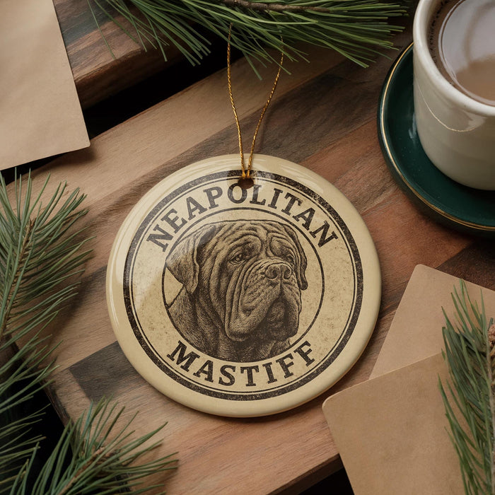 A circular ornament featuring a dog's face and the text "NEAPOLITAN MASTIFF" is displayed on a wooden surface, surrounded by pine branches and a cup of coffee.