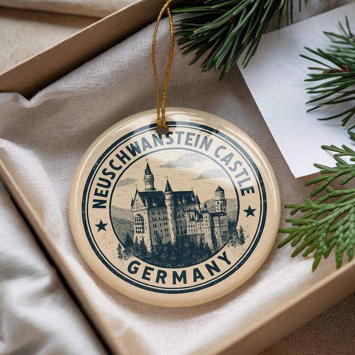 A circular ornament with the text "NEUCHWANSTEIN CASTLE GERMANY" printed on it, hanging from a string.