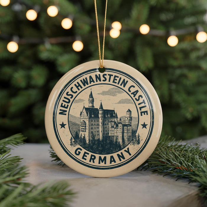 A circular ornament with the text "NEUSCHWANSTEIN CASTLE GERMANY" and an illustration of a castle, hanging from a string.